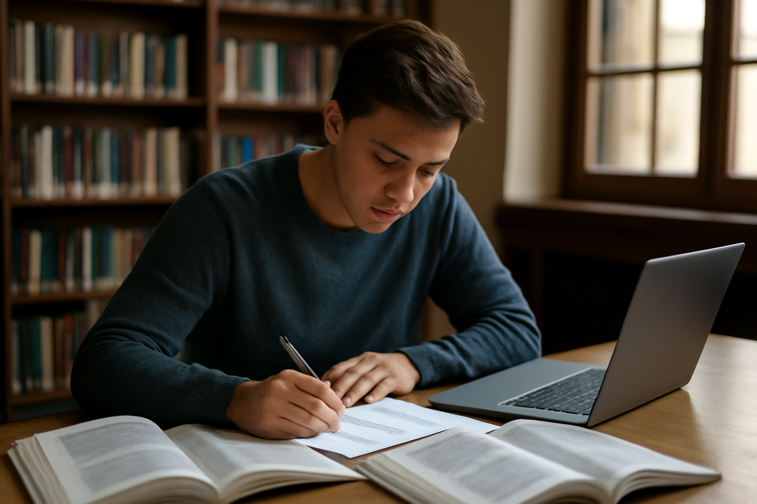 Mahasiswa membaca jurnal akademik di perpustakaan sambil mencatat