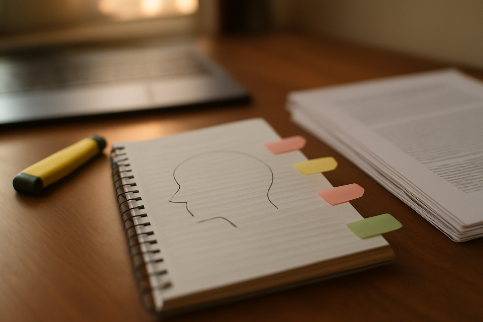 Meja belajar mahasiswa dengan catatan kerangka skripsi, sticky notes, dan tumpukan jurnal