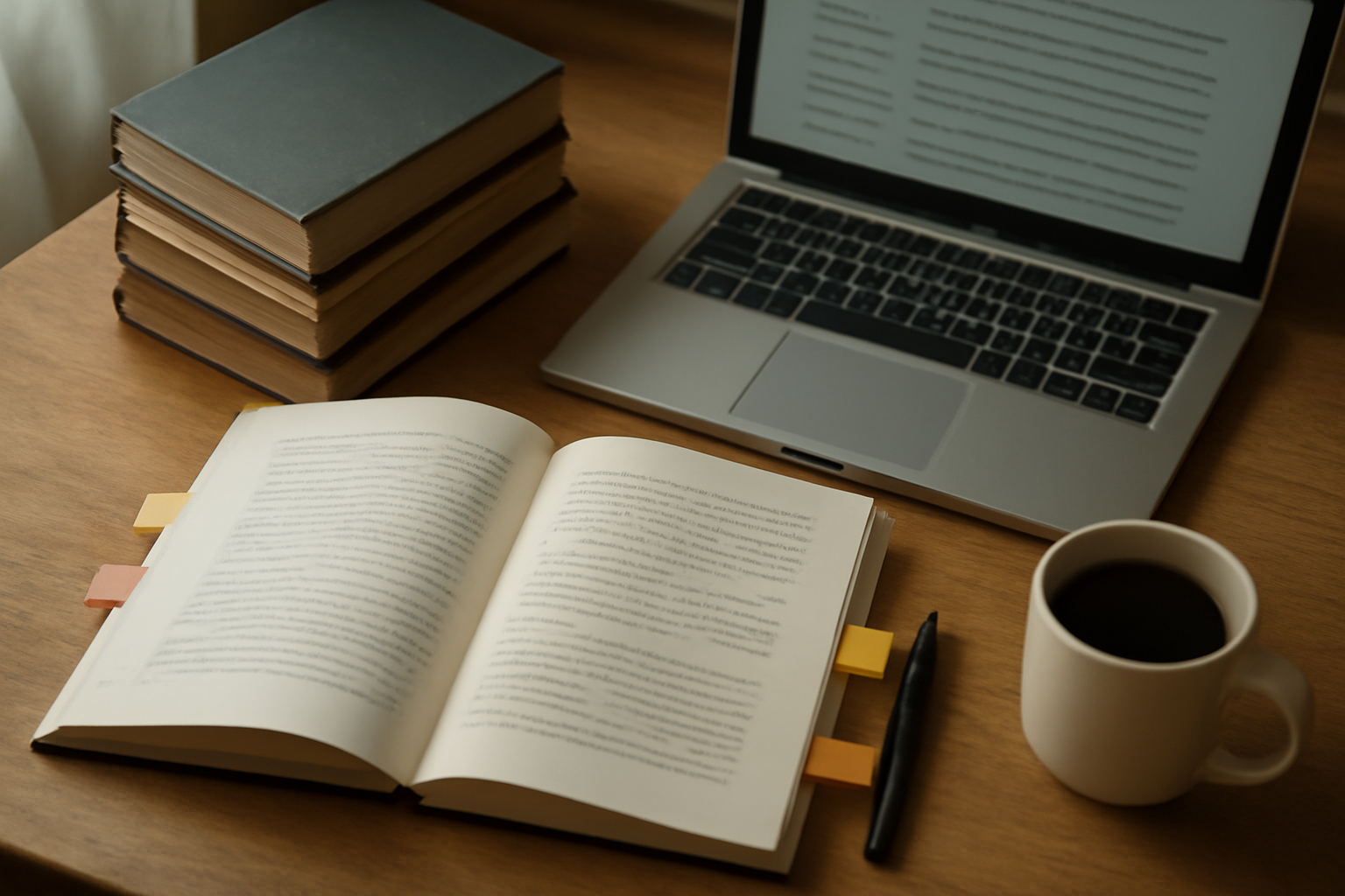 Meja belajar dengan draf skripsi, tumpukan buku, dan laptop untuk menyusun daftar pustaka