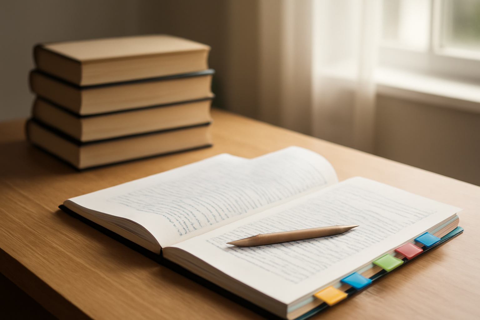 Meja belajar dengan dokumen skripsi, buku, dan sticky note untuk menyusun landasan teori