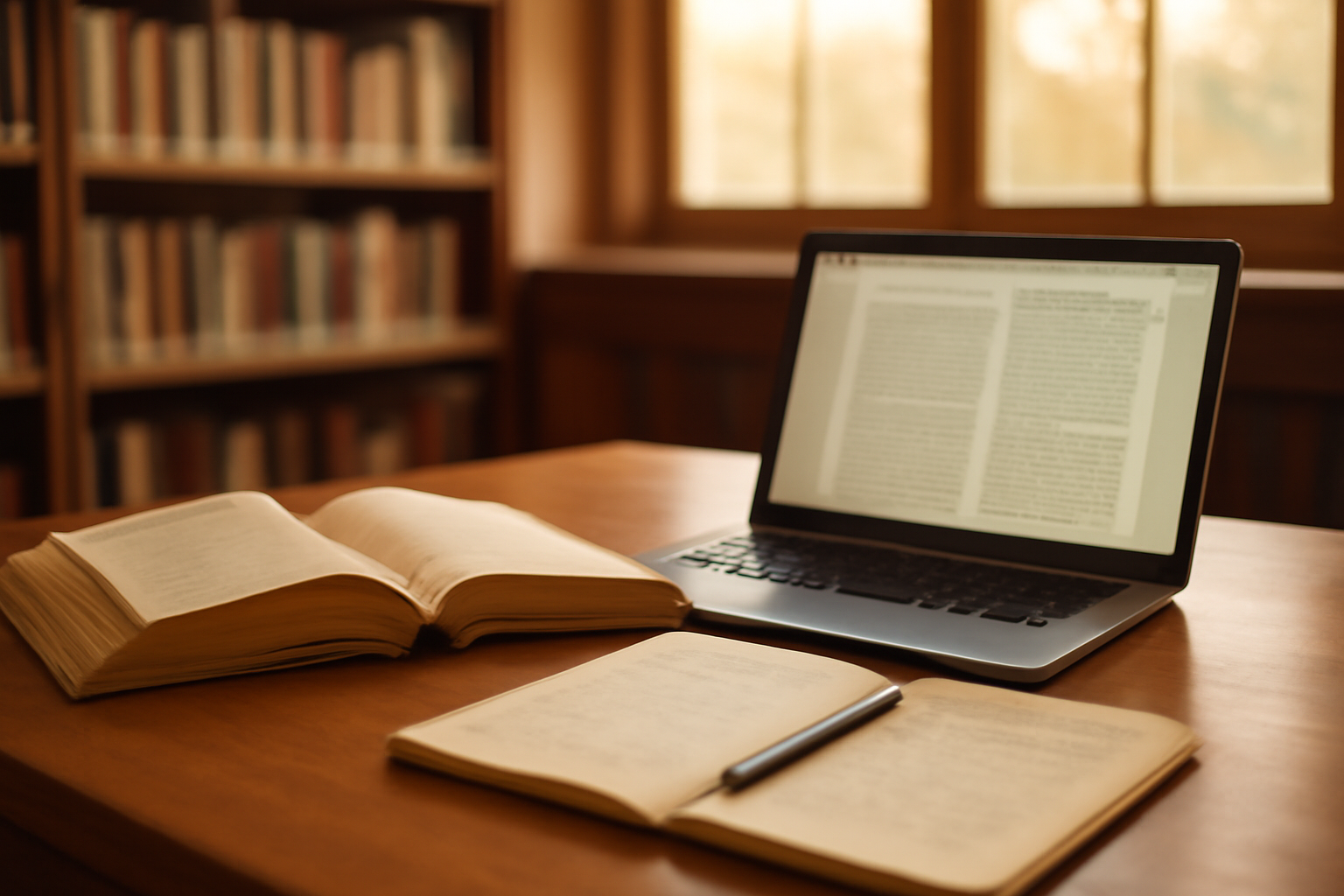 Meja perpustakaan dengan buku teks, laptop berisi jurnal, dan catatan tangan sebagai referensi skripsi
